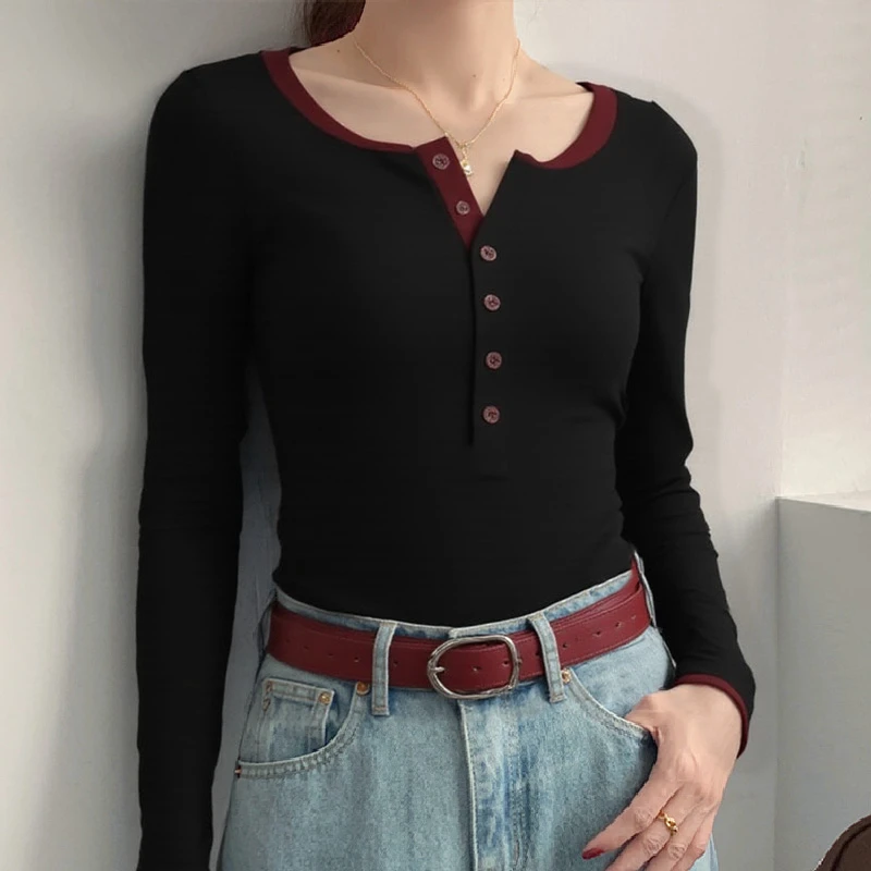洋气正肩显瘦撞色排扣长袖T恤女春秋季修身莫代尔设计休闲打底衫