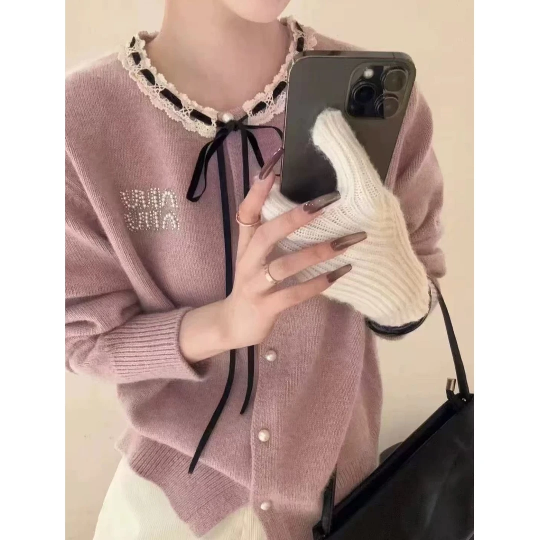 粉色花边蕾丝蝴蝶结领口系带针织开衫女春季新款