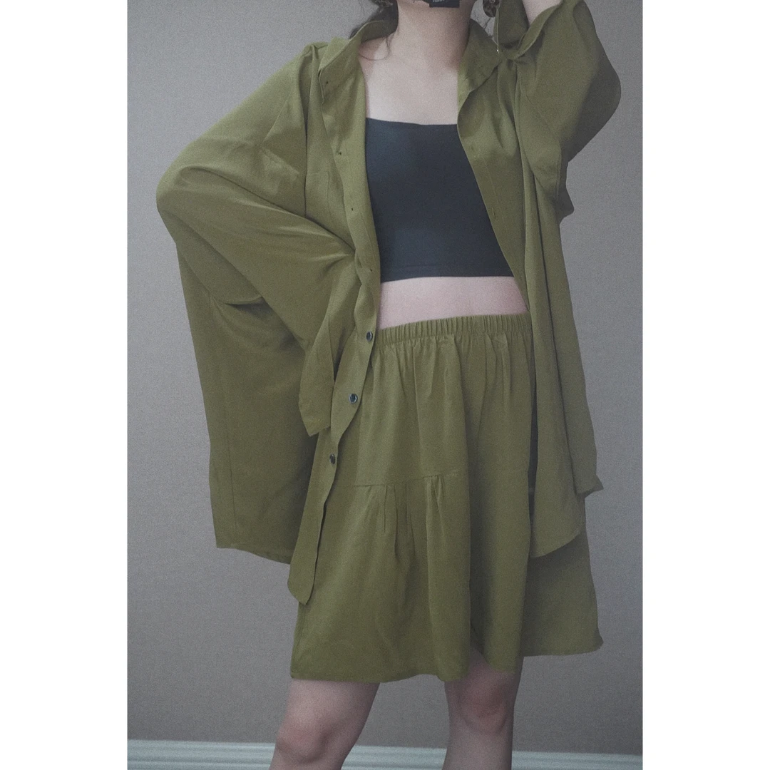 真丝双绉男友风衬衫裙裤套装（裤长43）