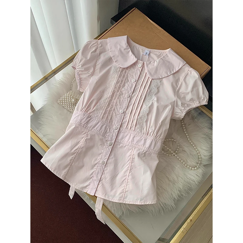 法式甜美粉色娃娃领收腰短袖衬衫女夏日超好看设计感蕾丝花边上衣
