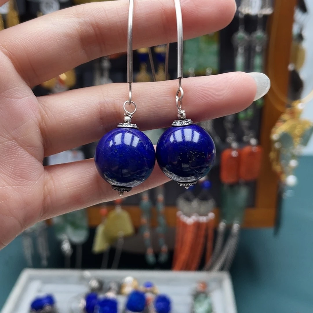 豫***）青金石银S925镶嵌耳饰饰品