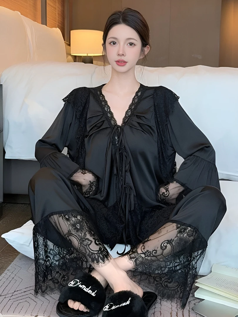 睡衣女款2025新款春秋冰雪丝贵气绑带蕾丝花边长袖套装家居服薄款