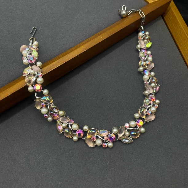 合金项链 LL 中古首饰 vintage Kramer樱花粉不规则极光琉璃项链