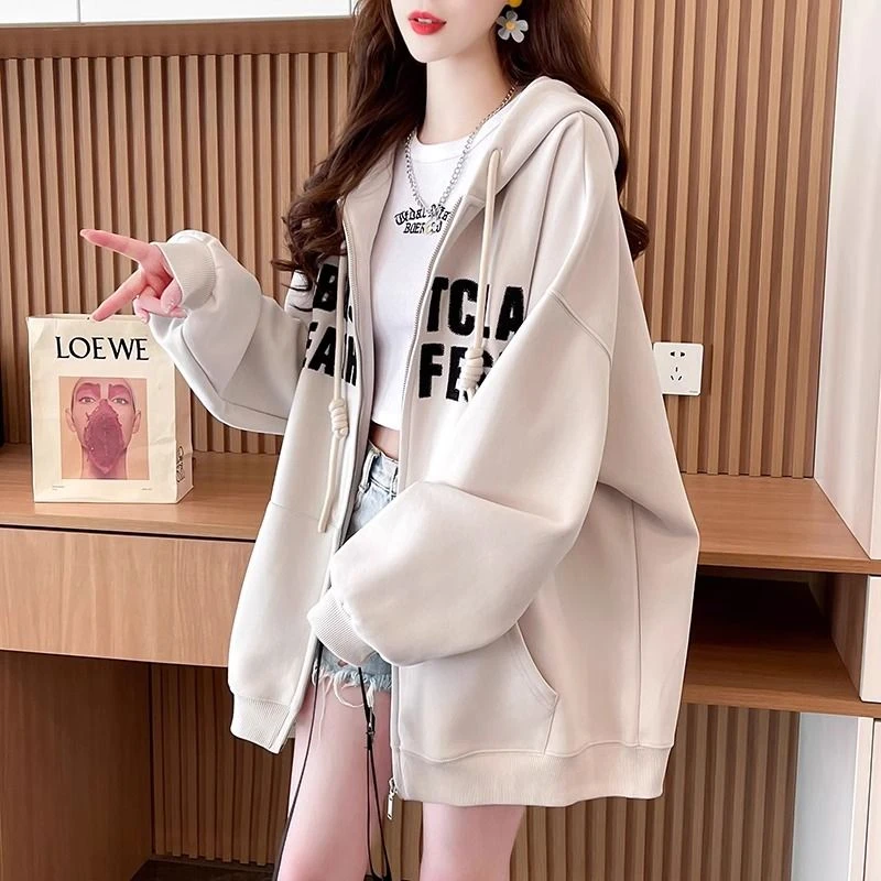 连帽慵懒风开衫薄款卫衣女春秋2025新款韩版宽松百搭休闲拉链外套