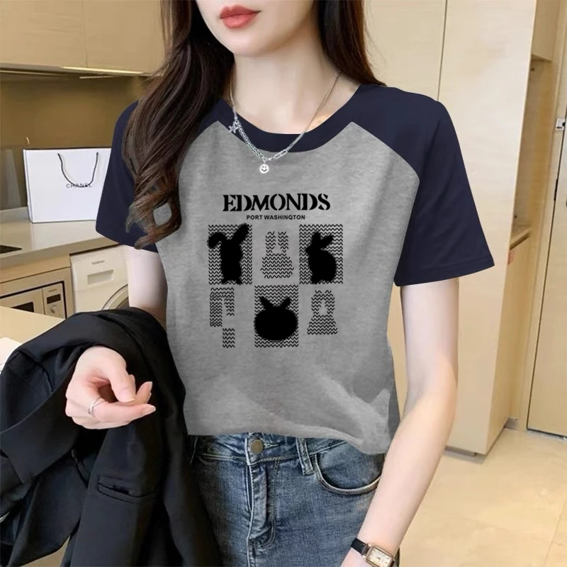 撞色短袖t恤女薄款夏季韩版潮宽松插肩圆领半袖女士体恤正肩上衣