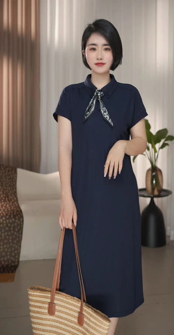 夏季新款纯色翻领系带丝巾中长款百搭连衣裙显瘦冰感热卖休闲宽松