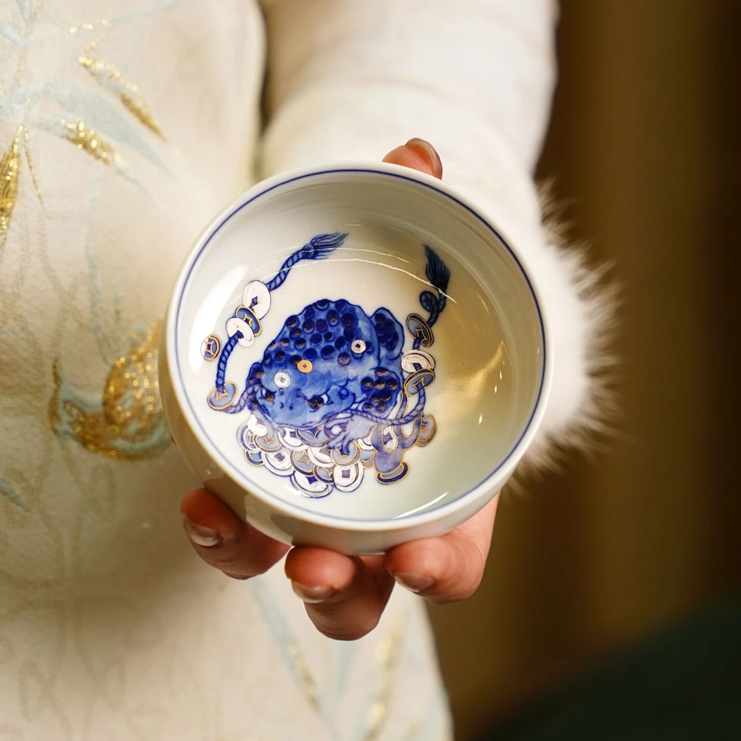 鹤鸣问道   大道至简青花【金蟾】单杯  景德镇品茗主人杯银SS192