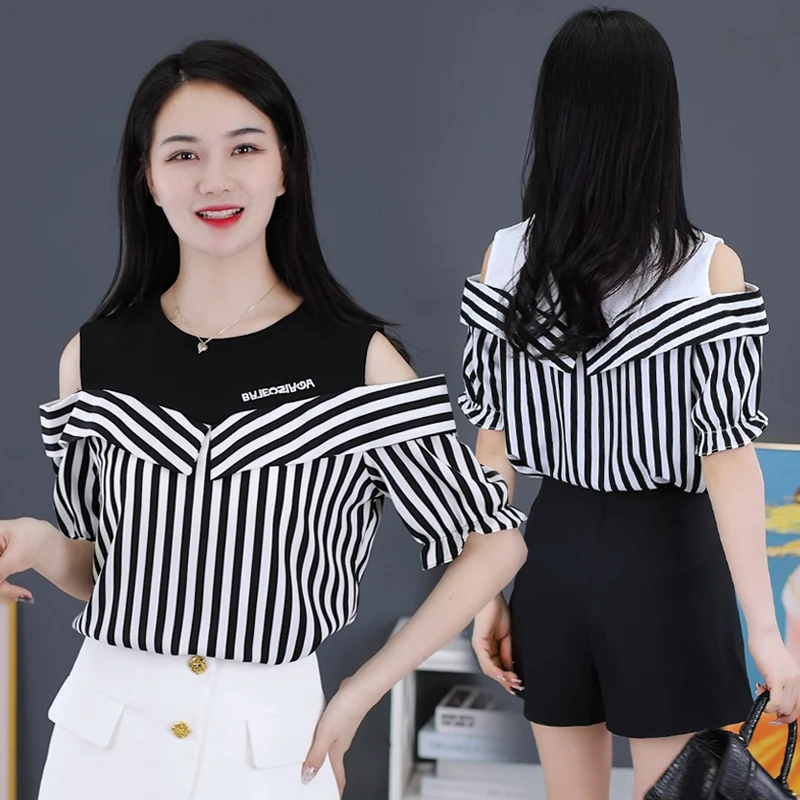 夏季刺绣波点雪纺衫女短袖2025新款时尚假两件上衣百搭洋气小衫