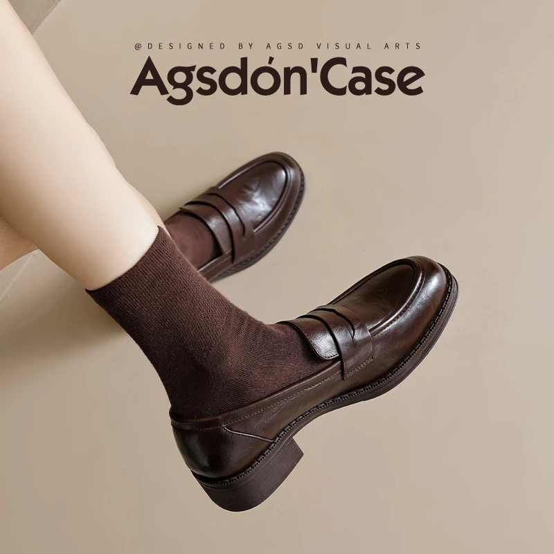 /奥古狮登棕色乐福小皮鞋女2025新款春夏季英伦风浅口单鞋爆款Q