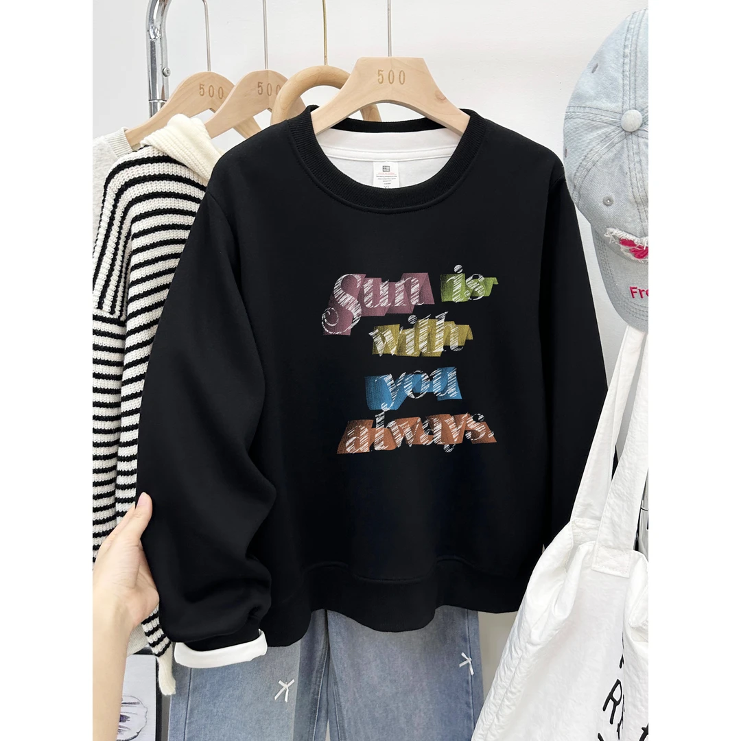 百搭圆领正肩卫衣女秋冬加绒加厚设计感字母印花胖mm宽松大码上衣