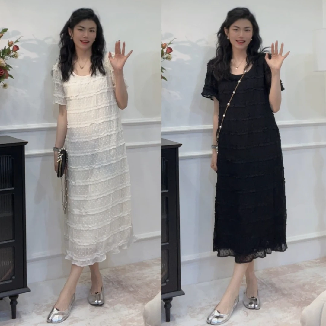 小众设计感法式U领蕾丝肌理感连衣裙气质大码显瘦长裙