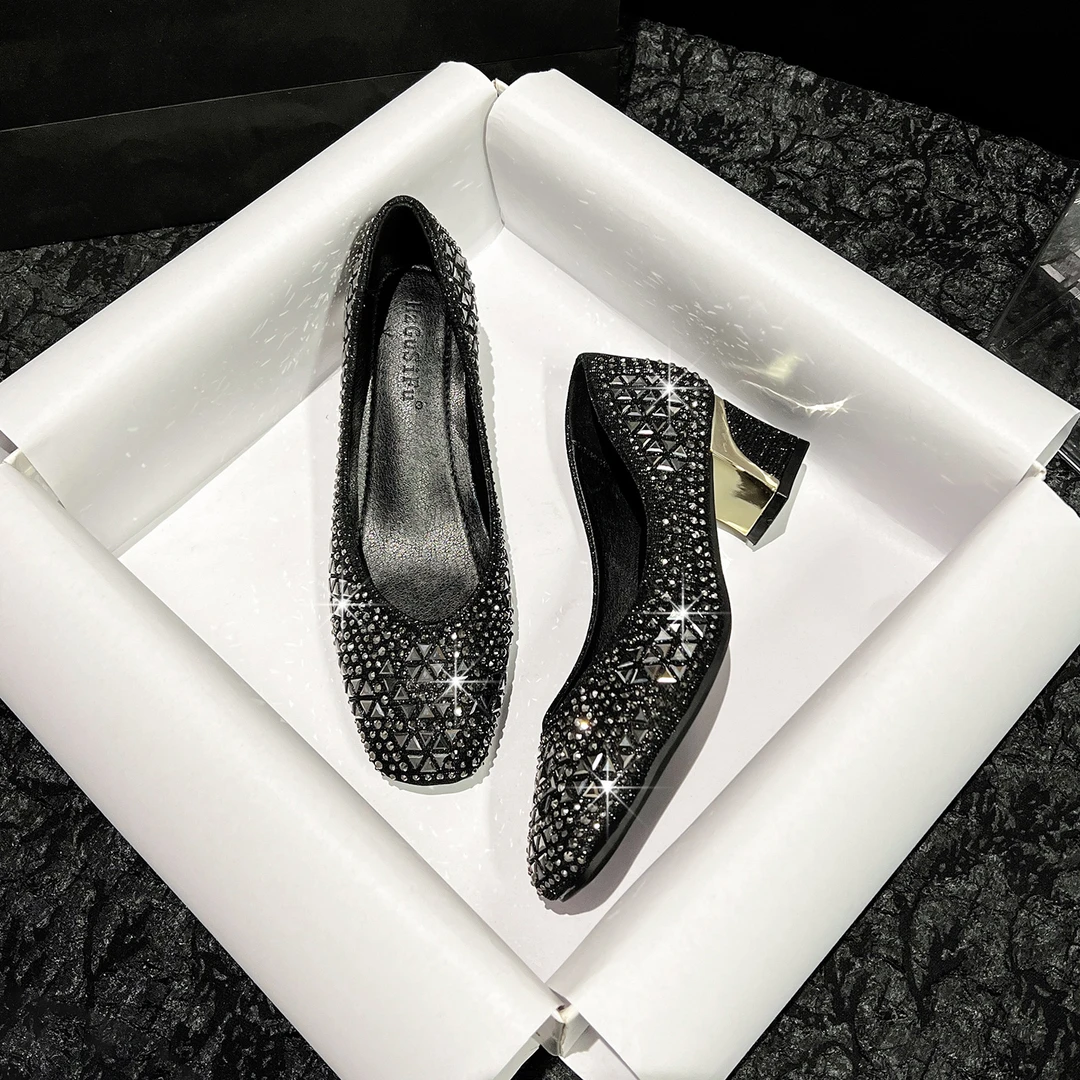 正版法式方头软底春季气质方头低跟单鞋浅口中跟百搭尖头水钻女鞋