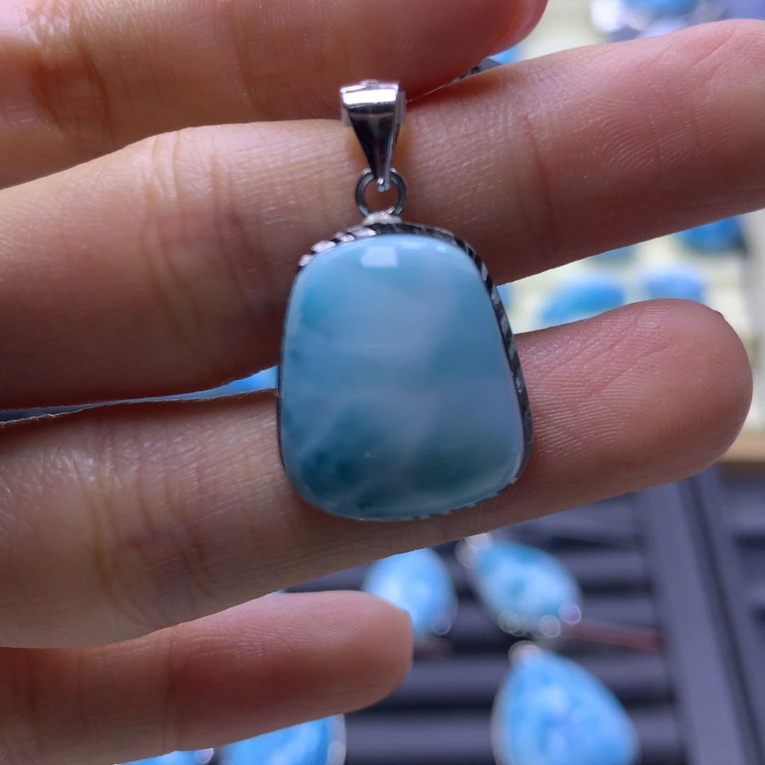 针钠钙石（海纹石）银S925镶嵌吊坠(不含链)无事牌吊坠色差略异