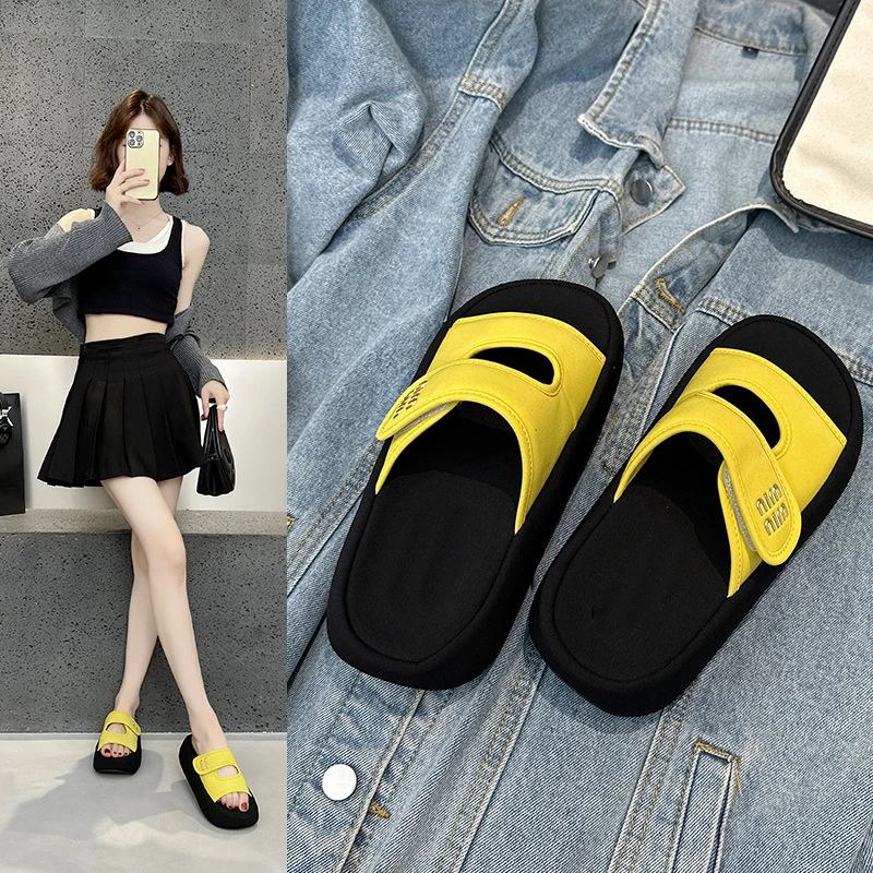 厚底布面魔术贴一字拖鞋女2025年夏季新款外穿百搭休闲沙滩凉拖鞋