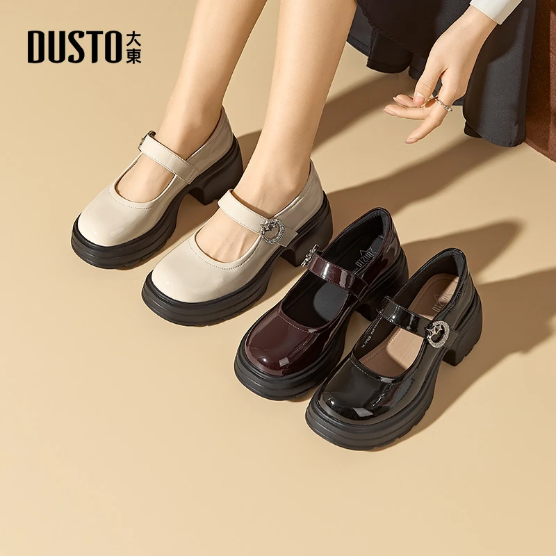 大东2025秋新款厚底粗跟增高玛丽珍女鞋浅口小皮鞋百搭单鞋0742