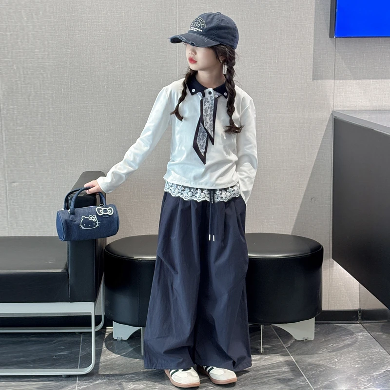 女童春秋装t恤套装2025新款女大童秋季韩系上衣儿童阔腿裤两件套