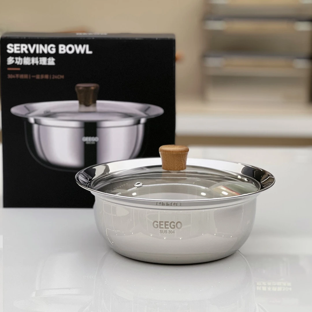 【24cm】304食品级不锈钢汤盆带玻璃盖家用多功能菜盆料理盆沙拉盆