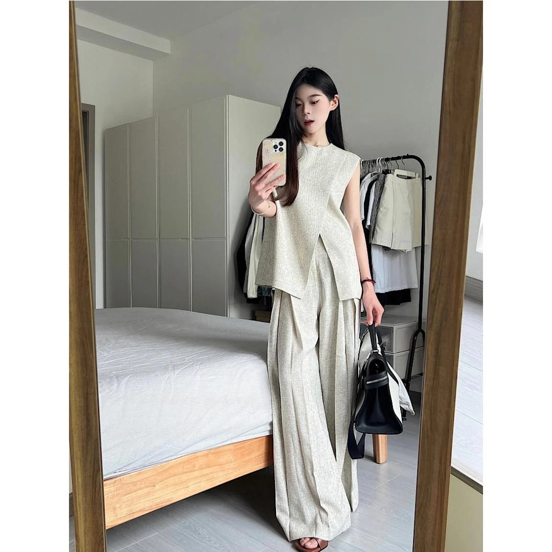 小香风圆领无袖开叉马甲背心女夏季套装宽松阔腿裤休闲长裤两件套