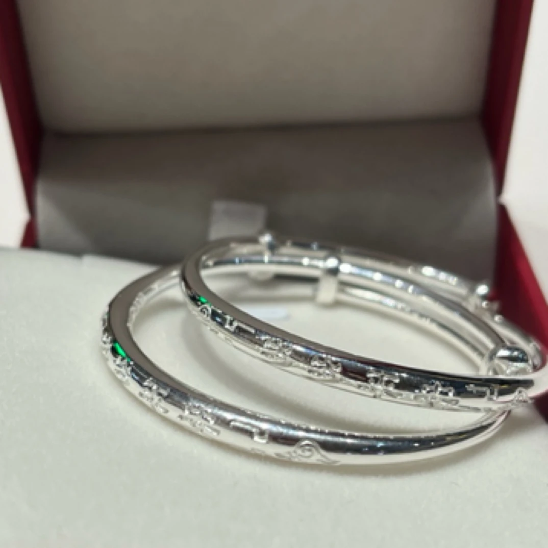 足银手镯 足银999.9精工推拉内卜圆棍压花手镯童镯儿童手镯可爱