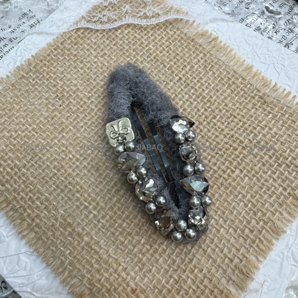 韩系东大门高级感秋冬毛呢闪钻椭圆发夹女百搭头饰