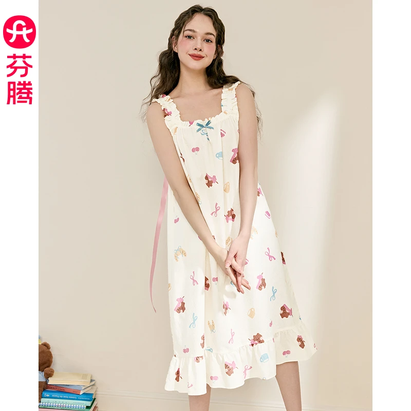 芬腾睡裙女士睡衣新款夏季薄款无袖连衣裙中裙甜美少女大码家居裙