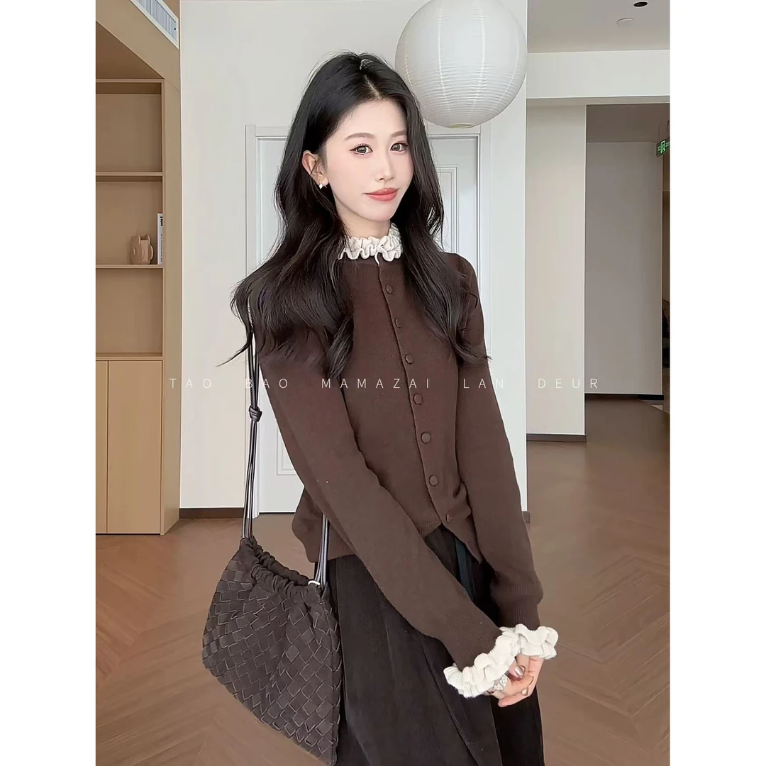 28197开衫款针织衫纯色设计感拼蕾丝针织女毛针织衫秋冬衣长54