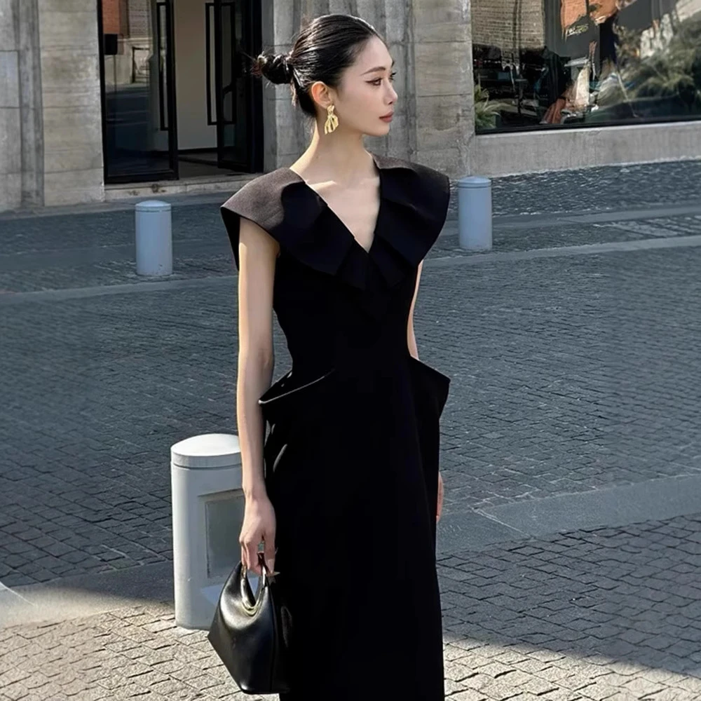 显瘦气质小黑裙法式赫本风连衣裙夏季黑色长款收腰名媛轻奢设计感