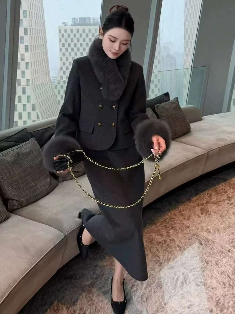 轻奢毛毛小香风充棉套装冬季气质半身裙两件套