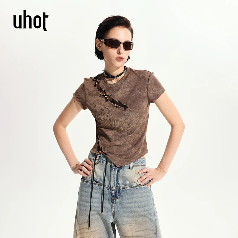 UHOT 咖色烫钻绑带镂空设计感休闲修身显瘦时尚圆领上衣UWWR1T359