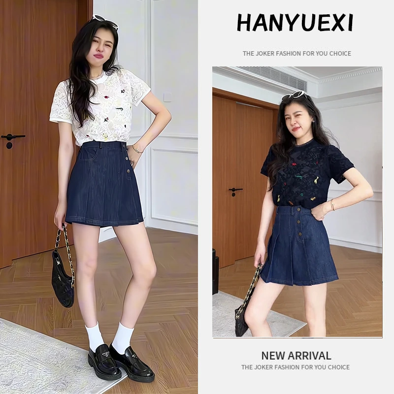 【现货】夏季一整套女装2025新款时尚减龄短袖上衣牛仔短裙两件套