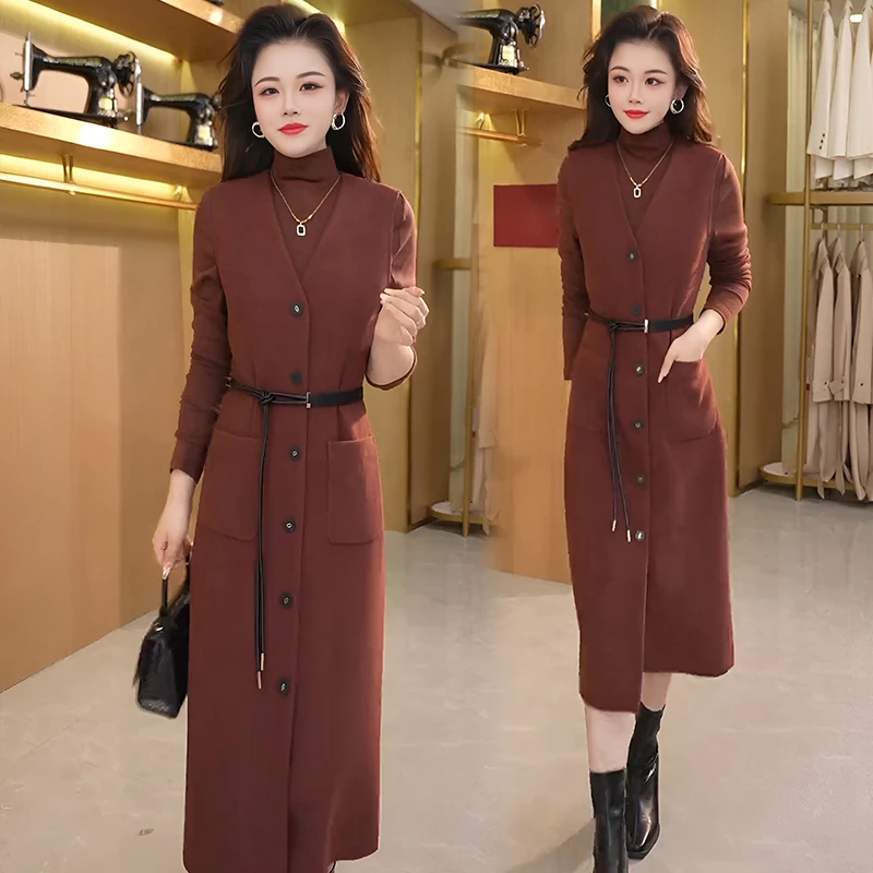 中长款时尚减龄连衣裙女装2025春秋新款气质大码马甲背心裙两件套