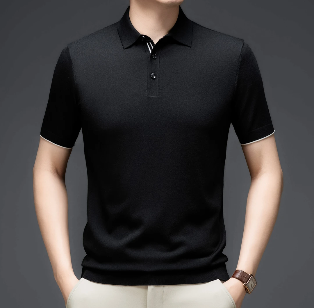 【桑蚕丝】纯色条纹针织纽扣薄款短袖针织衫大码休闲无痕体恤衫1821