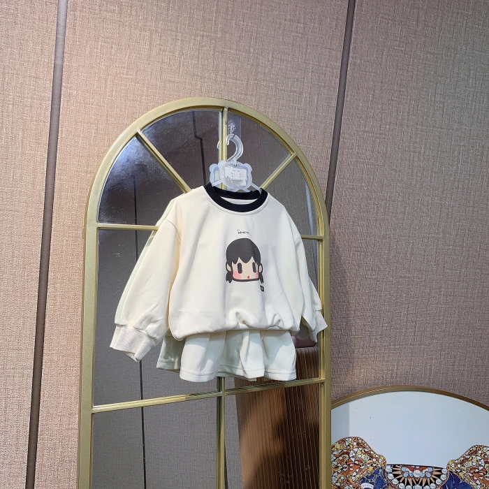 AH343 宝宝米杏色圆领卫衣+裙子套装 秋款