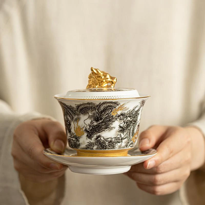 墨龙鎏金盖碗陶瓷茶具三才盖碗不烫手敬茶碗泡茶碗功夫茶具