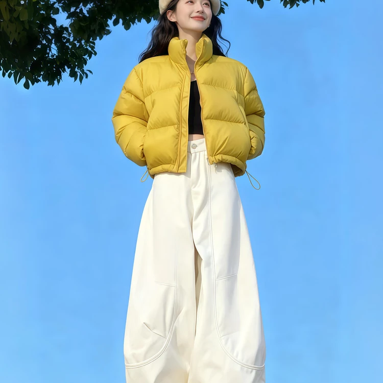 黄色立领羽绒服女冬季2025年新款小个子时尚保暖短款白鸭绒面包服
