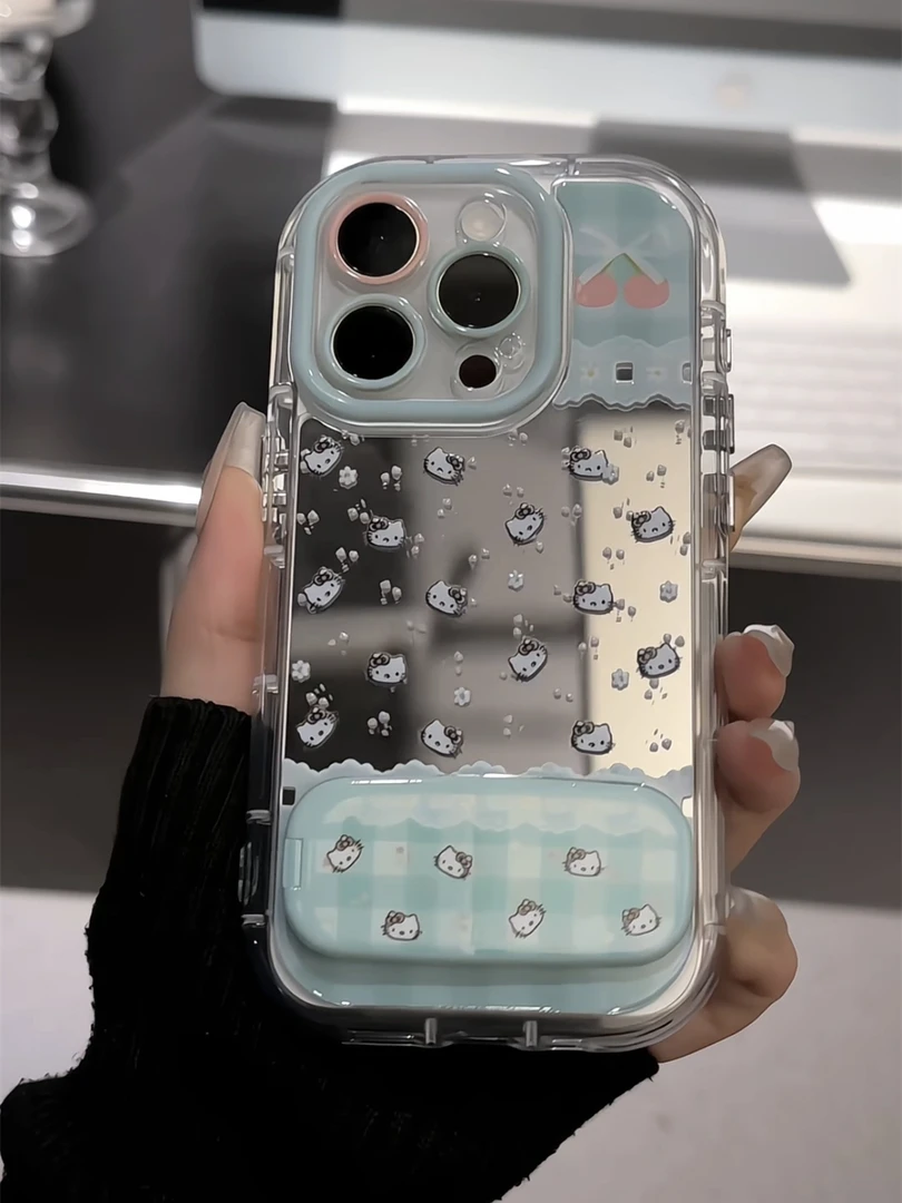 适用苹果16pro镜面奶油iPhone15手机壳蕾丝格纹碎花kitty华为小众