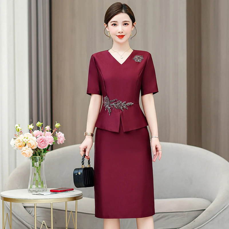 喜婆婆婚宴装红色礼服裙2024夏季新款妈妈装时尚优雅修身连衣裙