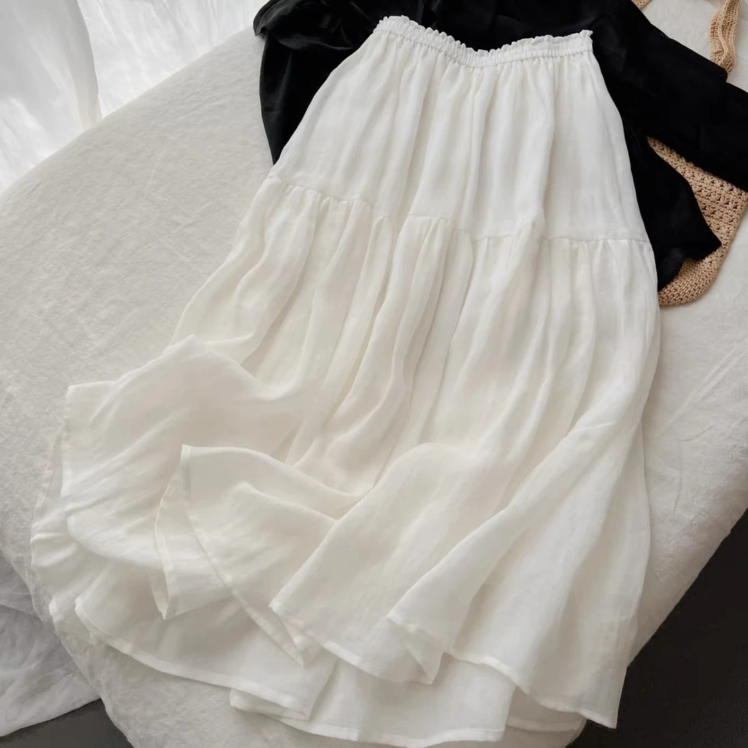 白色A字蛋糕长款裙女2025春季新款设计感小众胯骨宽适合中长裙子