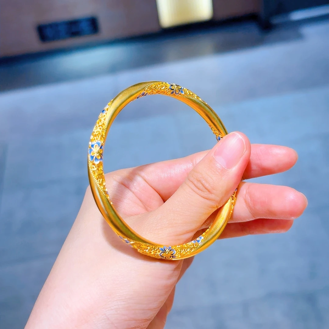 【铭记】足金999 青花瓷珐琅花丝旋纹手镯 厚壁中空