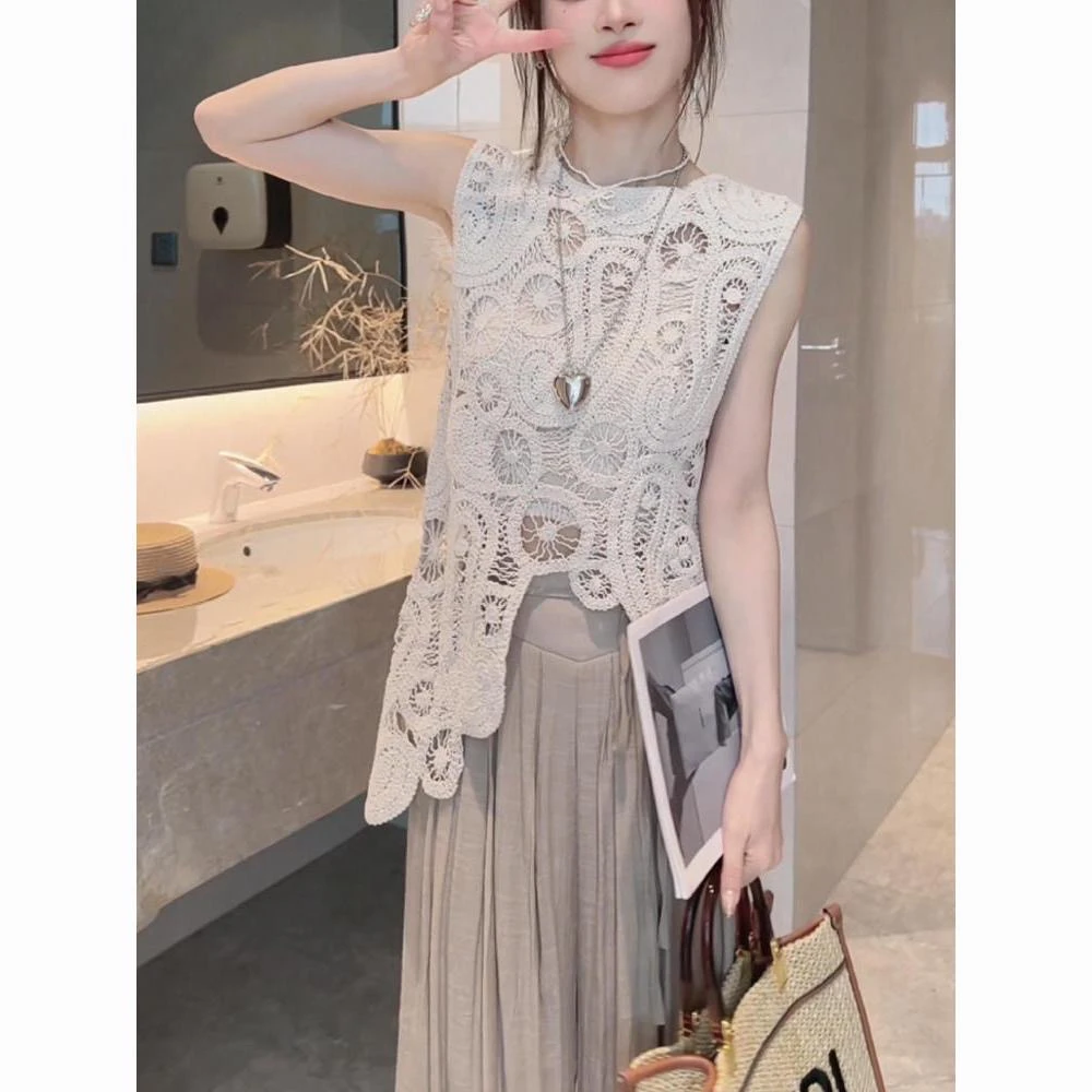 150小个子不规则勾花镂空针织背心马甲波西米亚度假无袖上衣罩衫