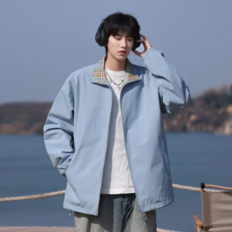 格子拼接外套男春季运动夹克潮牌美式高街酷帅学院风立领上衣情侣