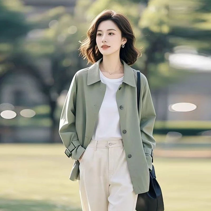 开春气质百搭小个子高级感韩系休闲慵懒风女士绿色风衣薄外套