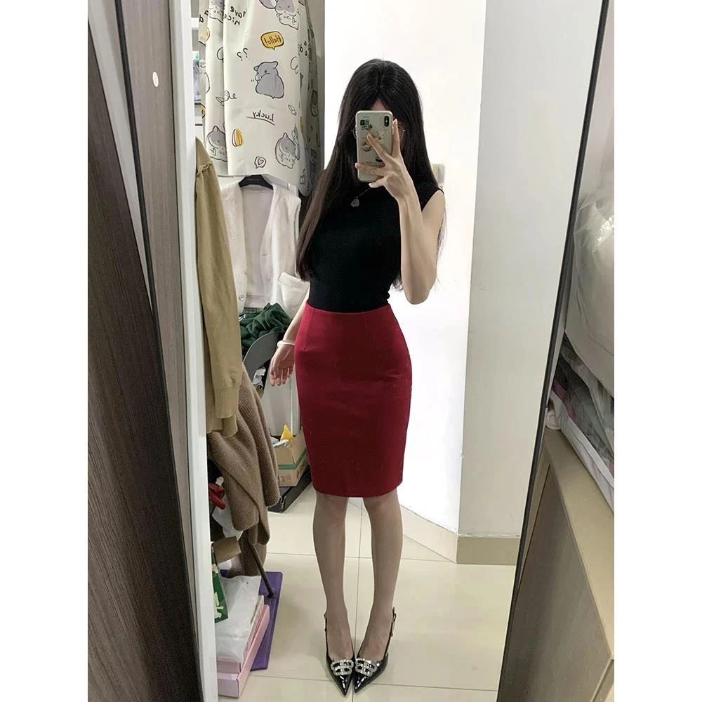 纯欲修身无袖上衣红色包臀半身裙时尚夏季套装