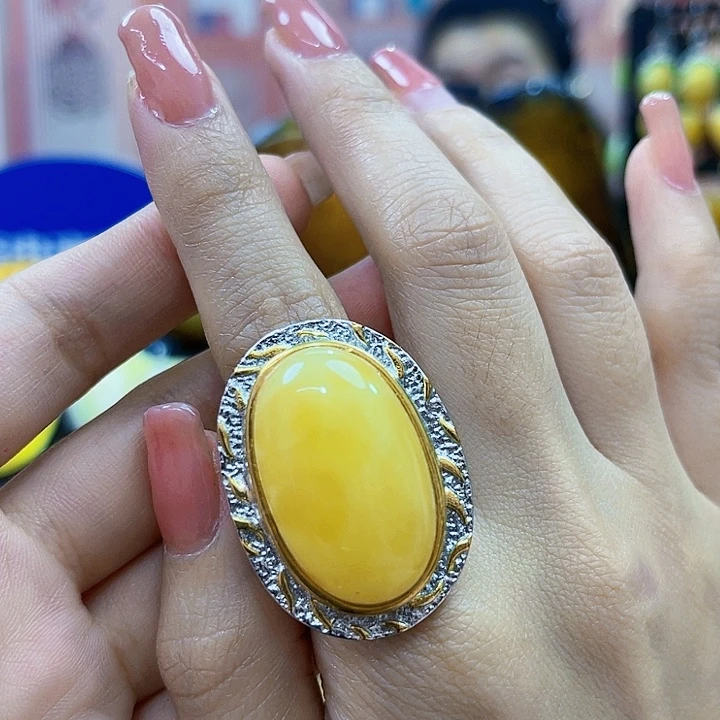 蜜蜡银S925镶嵌裸石戒指