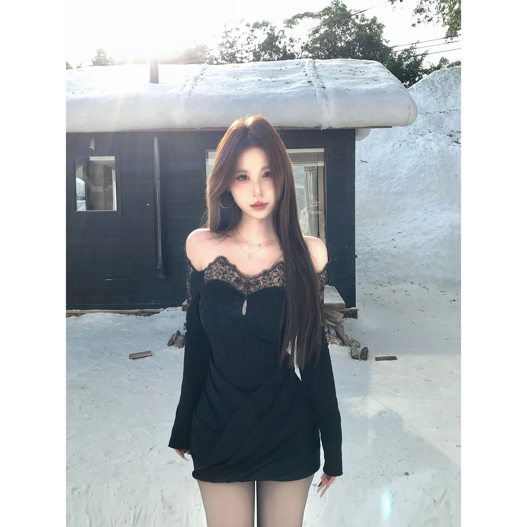 Mejiu蜜九【星夜静魅】纯欲蕾丝长袖连衣裙设计感辣妹露肩收腰裙子