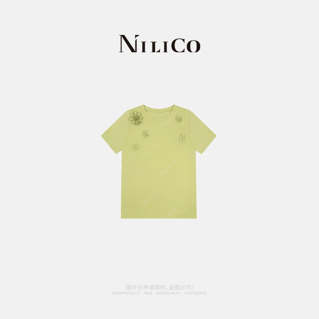 NILICO【夏季繁花】轻奢淡黄色别致贴立体花圆领小众百搭纯棉T恤