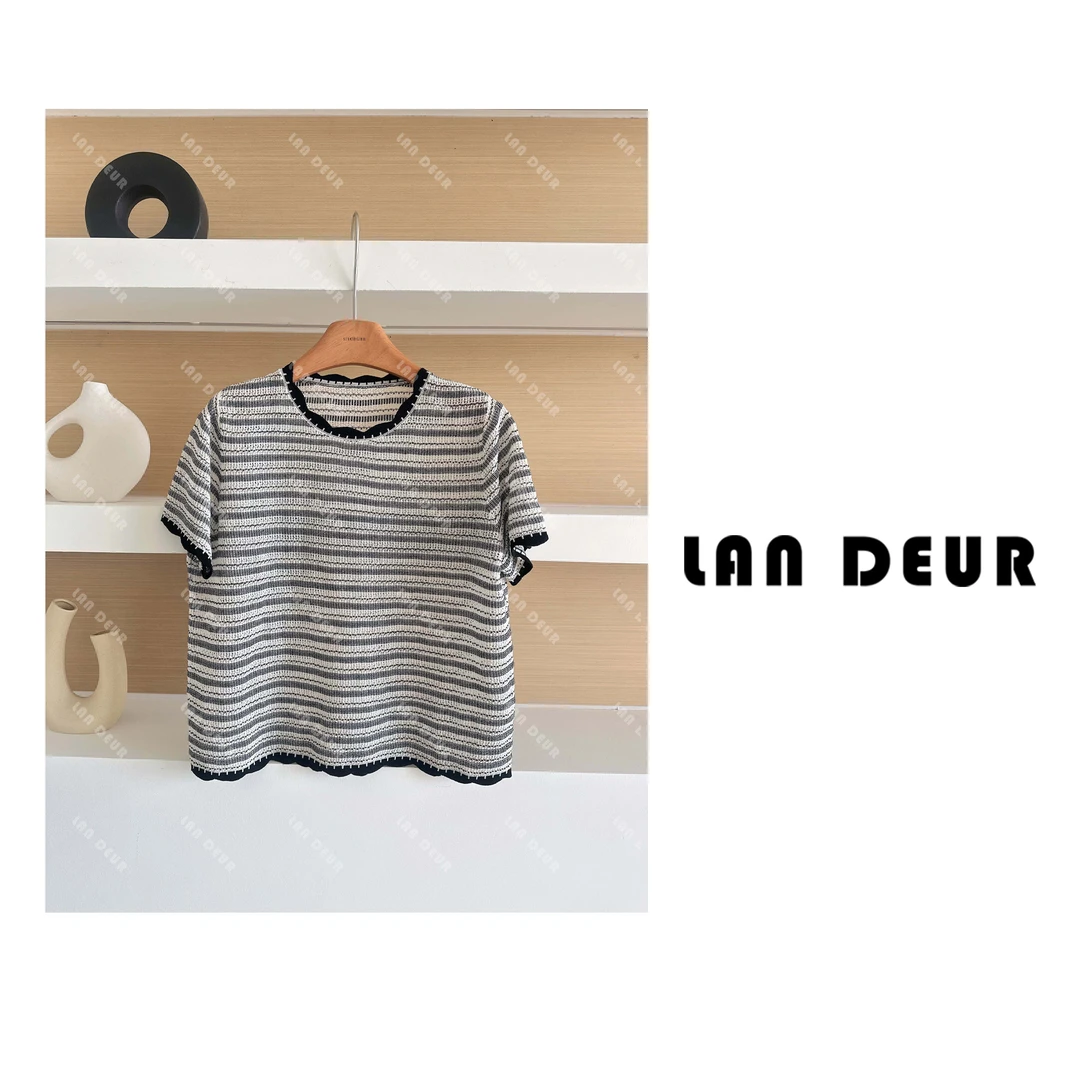 JIUJIU【逃离地球】复古撞色条纹针织衫宽松显瘦休闲圆领短袖上衣