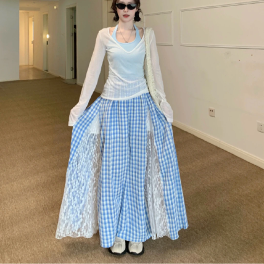 欧若风蓝色温柔套装小众长袖T恤女春季蕾丝拼接格子半身裙两件套