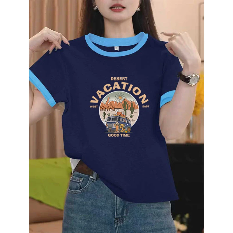 短袖t恤女2025新款正肩圆领拼色韩版洋气设计感小众宽松上衣夏季