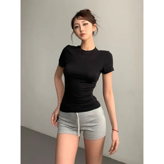 百搭基础款美式复古修身显瘦运动收腰弹力正肩紧身t恤短袖上衣